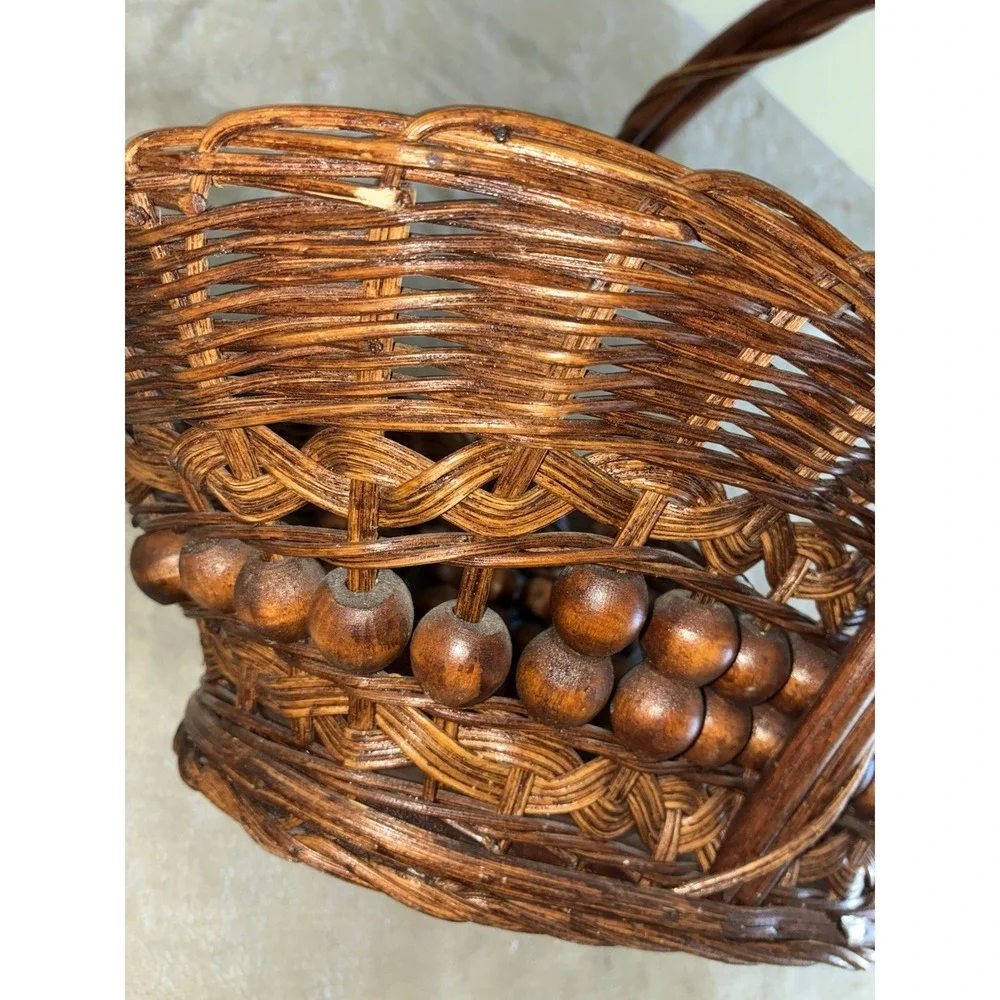 Handwoven Willow Wooden‎ Bead Gathering Basket Philippines Vintage 1980s